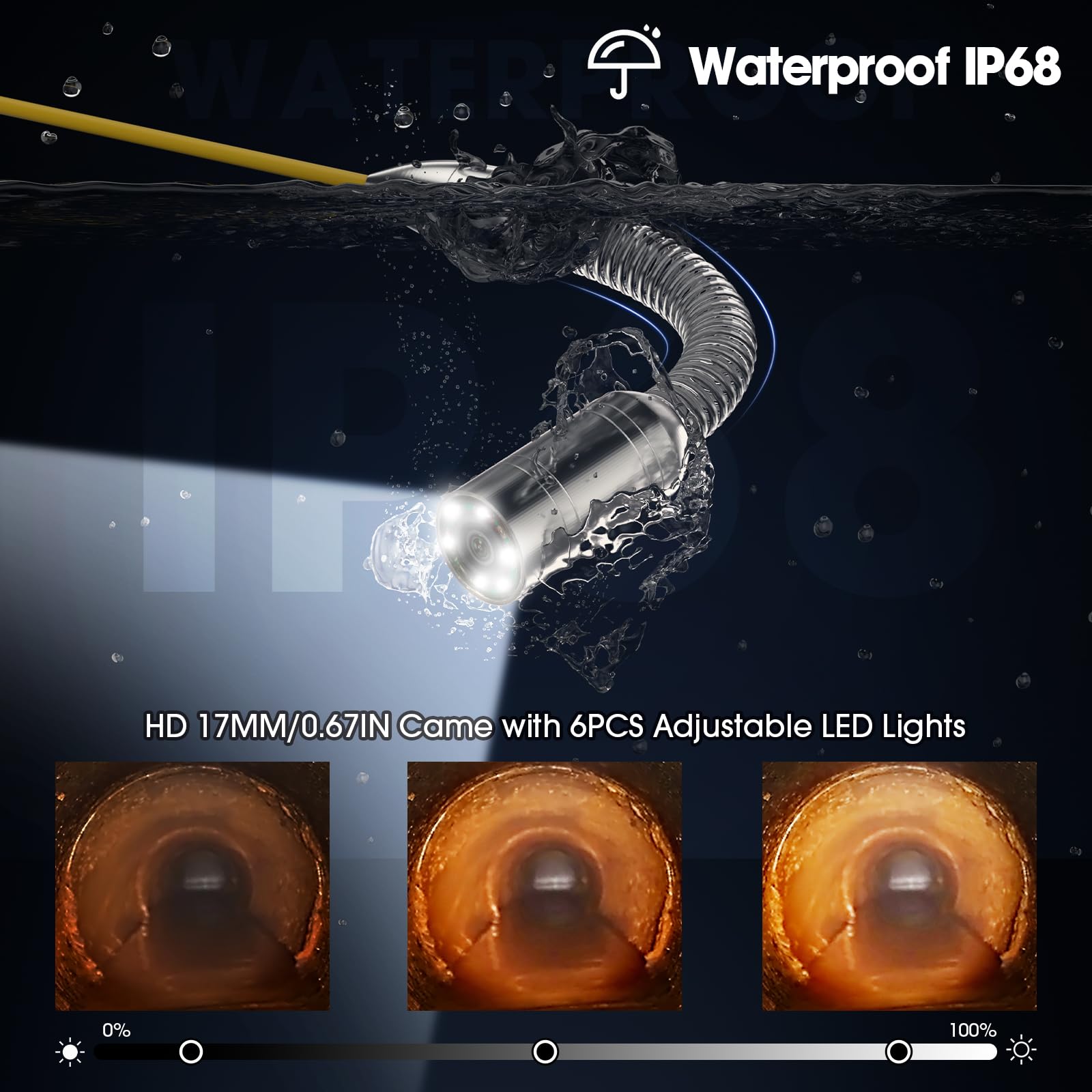 Cámara de alcantarillado de 25 pies, impermeable de 16 GB, cámara de inspección de boroscopio de tubo de drenaje JQKJCAM con contador de distancia de luz, cámara de serpiente de pared de 17 mm para