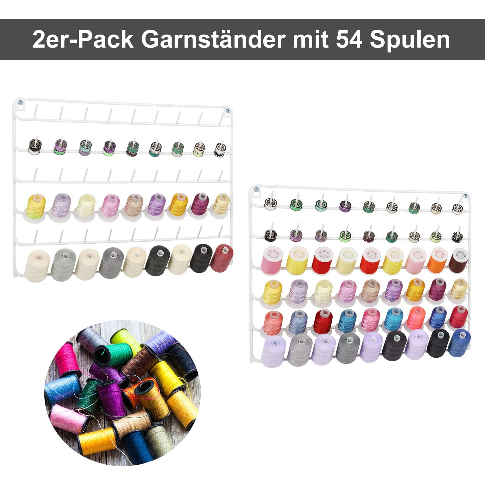 CADUKE Lot de 2 supports de fil à coudre pour 54 bobines de fil à coudre - Support en métal à suspendre - Pour broderie, matelassage, couture (blanc)