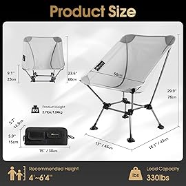 MOON LENCE Camping Chair Plus, Upgraded Comfort & Size, Still Compact and Lightweight, Folding Portable Chair for Backpacking & Hiking, 330Lbs Capacity, Gen 3 Plus (Grey (Plus))