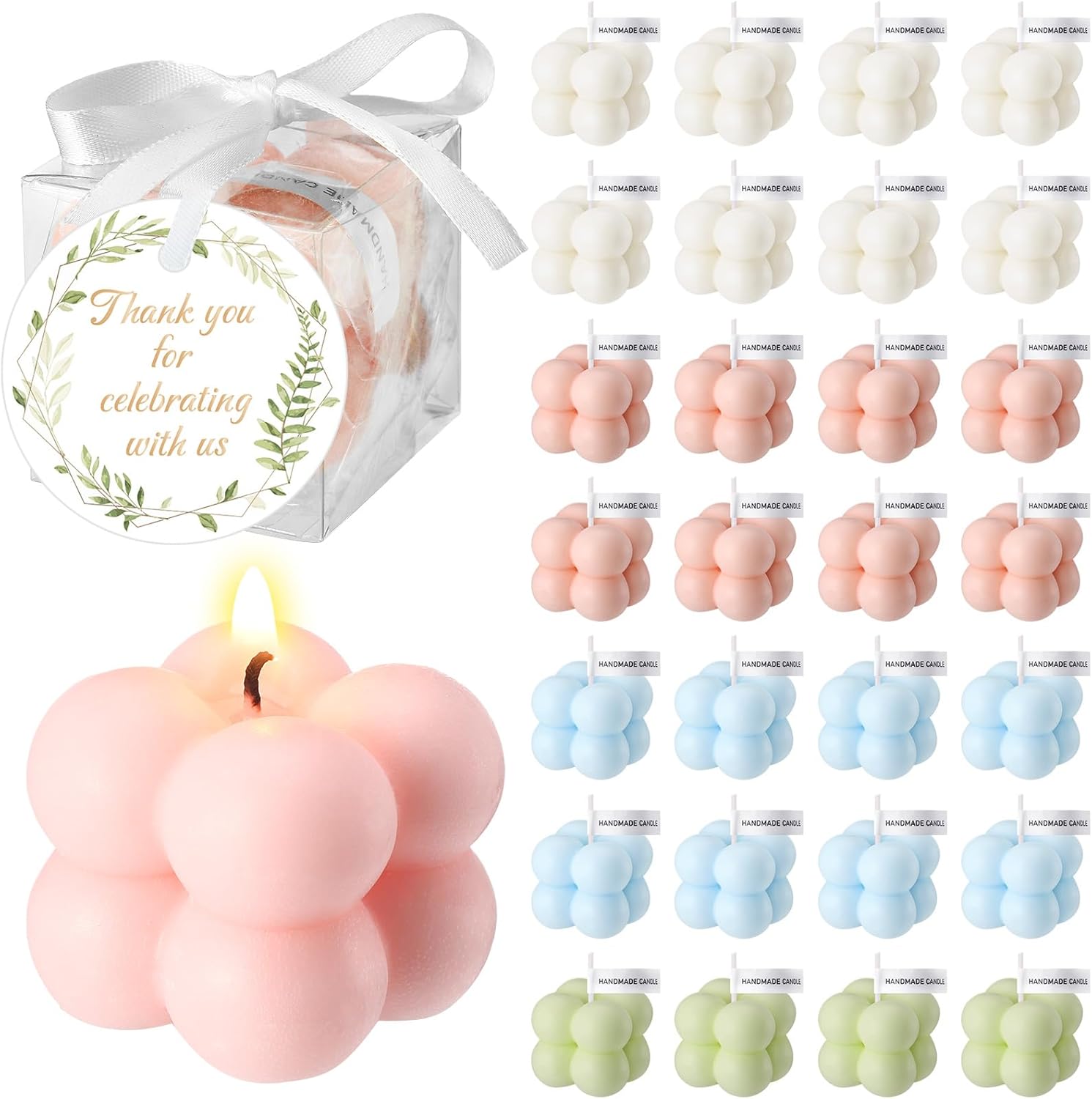 MTLEE 40 Sets Wedding Favors Gift for Guest, 1.6" Small Bubble Candles Bulk with Greeting Card Ribbon Box Aesthetic Mini Scented Candles Party Favors Thank You Guest Gifts for Baby Bridal Shower Party
