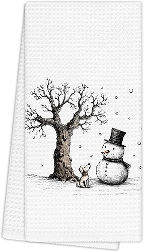 Toallas de cocina de perro con muñeco de nieve de Navidad, toallas de mano retro de invierno para decoración de baño, rústico, granja, muñeco de