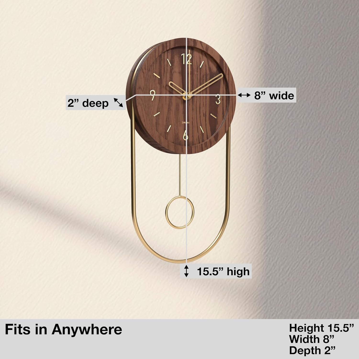 Driini Decorative Wall Clock with Pendulum (Walnut) – Modern Wood, 3D Gold Numbers, Metal Frame – Small, Unique Wall Clocks for Living Room Decor or Bathroom - Battery Operated, Silent, Non-Ticking