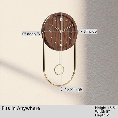 Miniatura 4 de Driini Reloj de pared decorativo con péndulo (oscuro), madera moderna, números dorados 3D, marco de metal, relojes de pared pequeños y únicos para