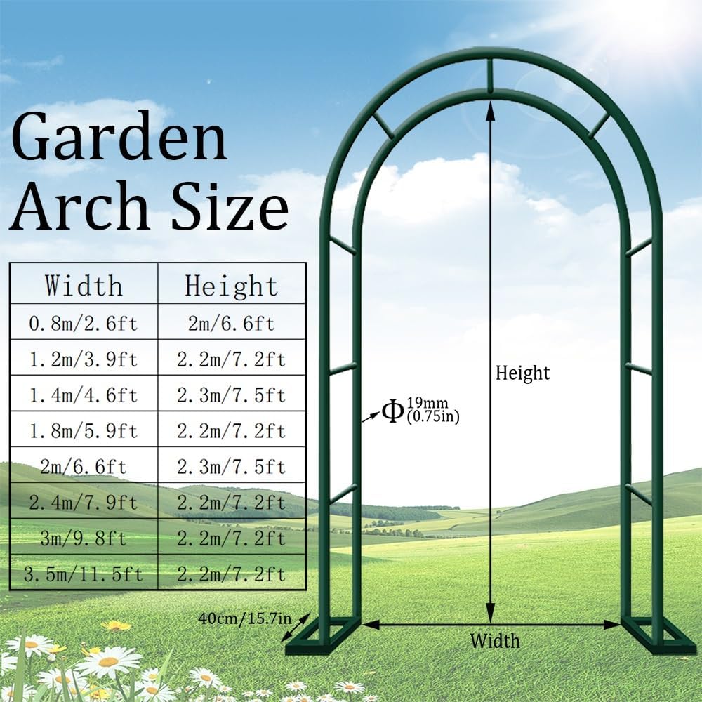6.6FT & 7.2FT Metal Garden Arch - Durable Outdoor Trellis for Climbing Plants, Wedding & Party Decor, Sturdy Patio Arbor with Base (Dark Green, W4.6 x H7.5FT)