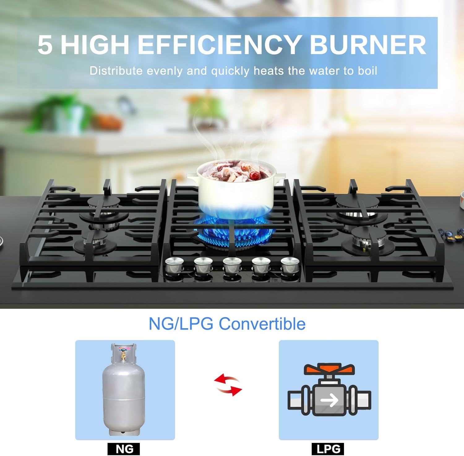 Davivy 34 inch Gas Cooktop 5 Burners,Gas Stove Top,Built in All Black Tempered Glass Surface Cooktop - NG/LPG Convertible,Dual Fuel,Thermocouple Protection,CSA Certified,36004 BTU