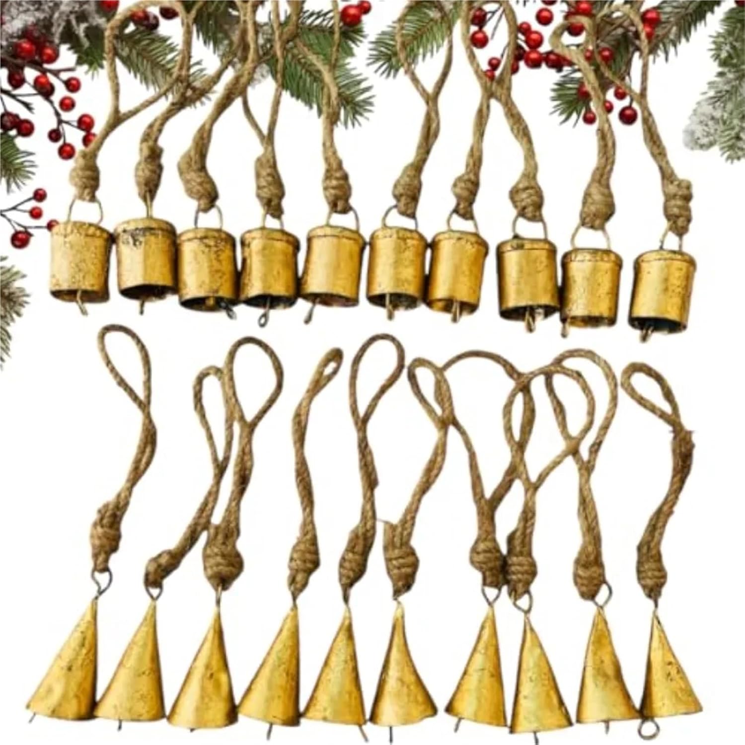 1 Set of 20 Rustic Vintage Tin Bells Handmade Christmas On Jute Rope for Decorative Tree Ornaments for Christmas Decor Wreath Garland