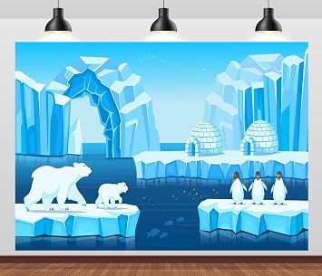 Arctic Icebergs Backdrop Fabric 7x5ft Winter Ice Snow Igloo Polar Bears Penguins Background for Arctic Themed Birthday Party Decorations Polar Animals Party BannerKids Photo Booth Props