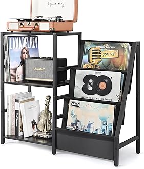 Bikoney Record Player Stand, Turntable Stand with 3-Tier Vinyl Record Storage, Record Player Table Up to 200 Albums, End Table for Records, Vinyl Record Holder