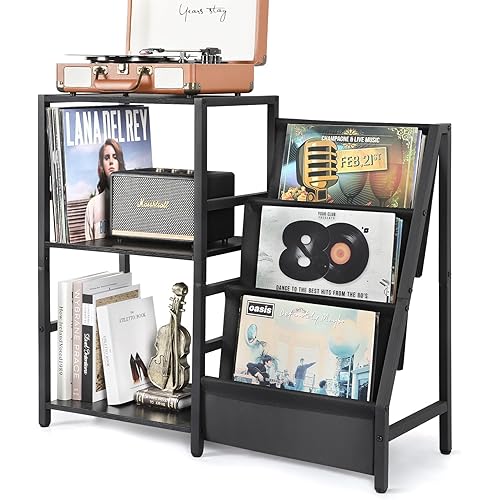 Bikoney Record Player Stand, Turntable Stand with 3-Tier Vinyl Record Storage, Record Player Table Up to 200 Albums, End Table for Records, Vinyl Record Holder