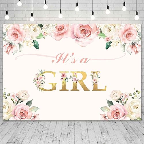 Miniatura 2 de Fondo de fiesta con texto en inglés "It's a Girl" para baby shower, decoración de fiesta, acuarela, fondo floral rosa, fondo de fotografía, regalos