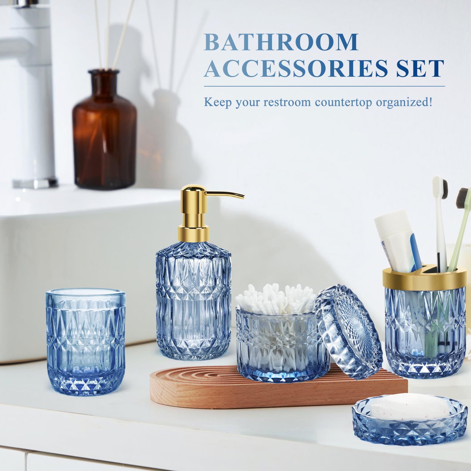Ensemble de Salle de Bain 5 pièces en Verre, Accessoires de Salle de Bain en Verre, Distributeur de Savon Moderne, Porte-Savon, Porte-Brosse à Dents, bidon de Cotons-tiges, gobelet (Bleu)