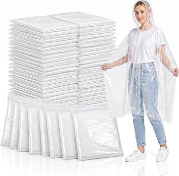 50 Pack Disposable Rain Ponchos with Hood, Rain Poncho Family Pack for Adult, Emergency Rain Ponchos for Women and Men, Plastic Raincoat for Camping Hiking Outdoors