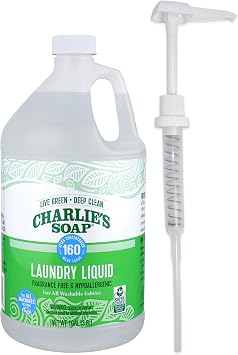 Charlies Soap Laundry Liquid with Pump 160 Loads, 1 Pack Natural Deep Cleaning Hypoallergenic Laundry Detergent Eco-Friendly, Safe and Effective