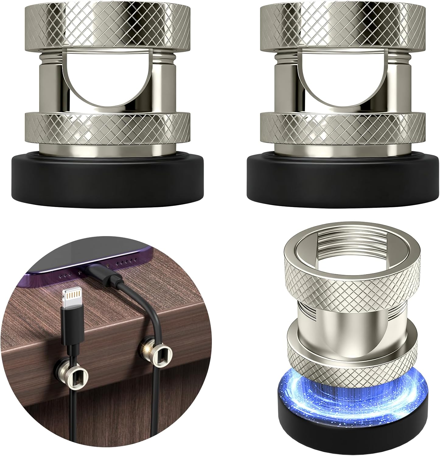 Maveek Metal Magnetic Cord Holder, Magnet Cable Clips Stainless Steel Adjustable Cord Organizers for Desk Nightstand Car Office Charging Wires USB C Laptop Earphone Audio Cords (4 Pack)