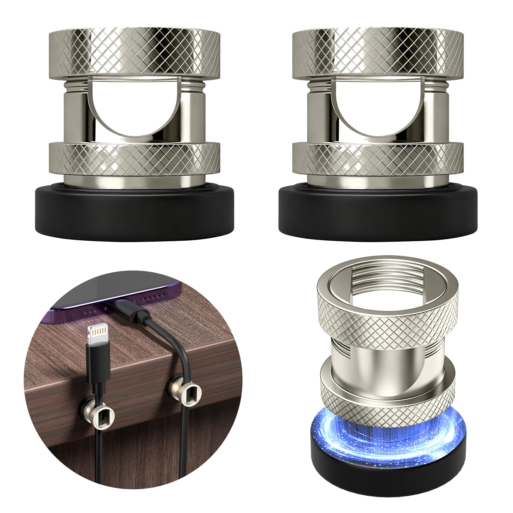 Maveek Metal Magnetic Cord Holder, Magnet Cable Clips Stainless Steel Adjustable Cord Organizers for Desk Nightstand Car Office Charging Wires USB C Laptop Earphone Audio Cords (4 Pack)