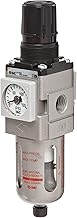 SMC AW20-N02CE-CRZ Filter/Regulator, Right to Left Flow, Polycarbonate Bowl with Bowl Guard, 5 Micron, Float Auto Drain (N.C.), Relieving Type, 7.25 - 123 psi Set Pressure Range, 28 scfm, Square Embedded Gauge, 1/4" NPT
