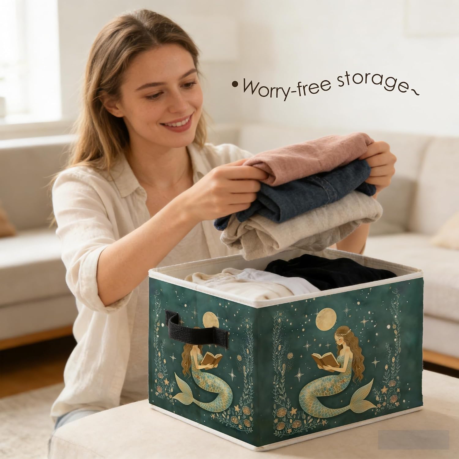 Fantasy Coastal Mermaid Reading Storage Bins Box with Handles, Moon and Star Beach Mermaid Foldable Basket Toybox for Girls Kids Room Nursery Reading Nook Corner Clothes Toys Books