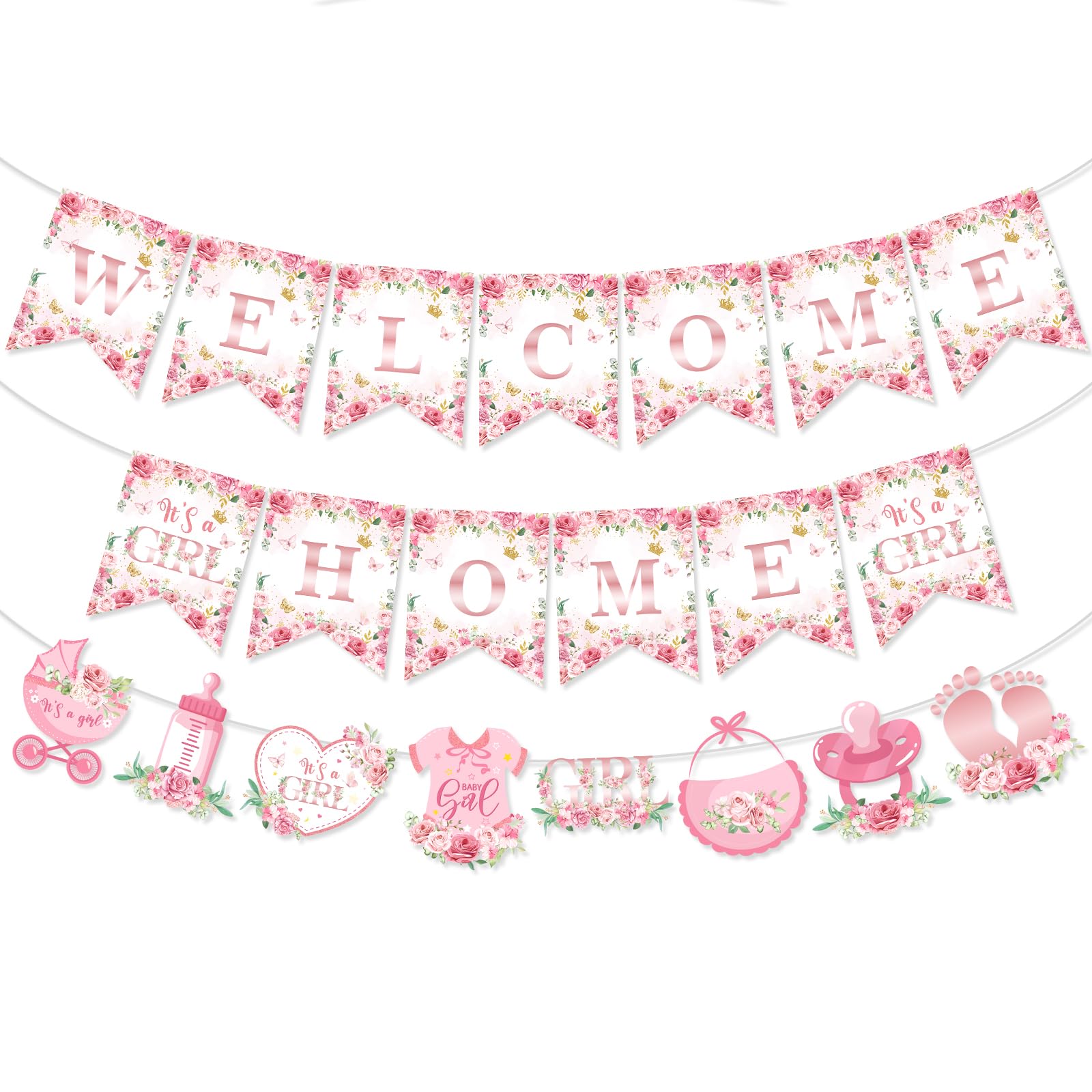 3pcs Welcome Home Baby Girl Banner Pink It's a Girl Floral Baby Shower Decorations Baby in Bloom Baby Shower Banner Decorations Supplies for Indoor