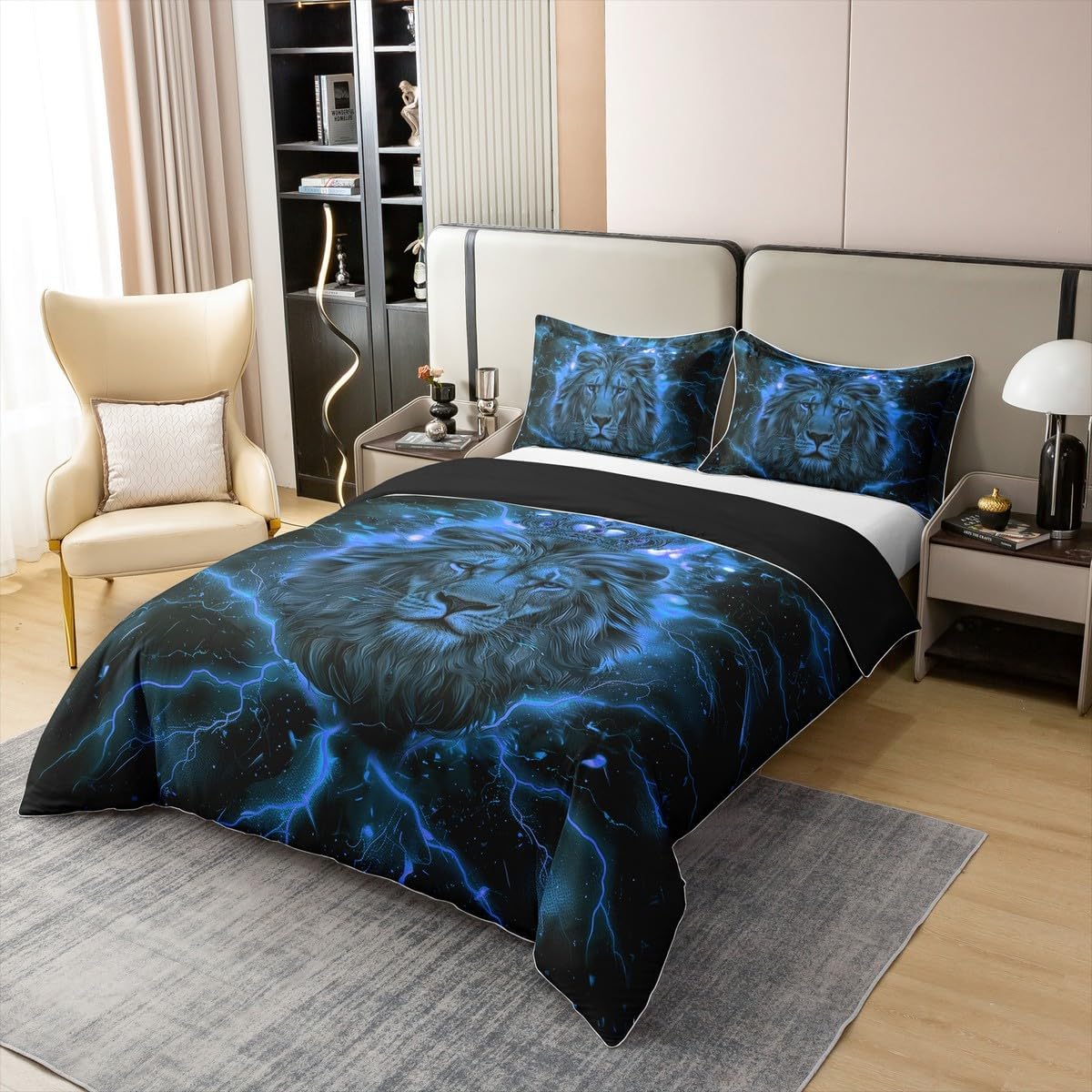 Manfei Lion Full Size Cotton Duvet Cover,African Wild Animal King Crown Glitter Quilt Cover(No Filler),3D Lightning Gaming Print Blue Black Comforter Cover for Kids Adults Bedroom