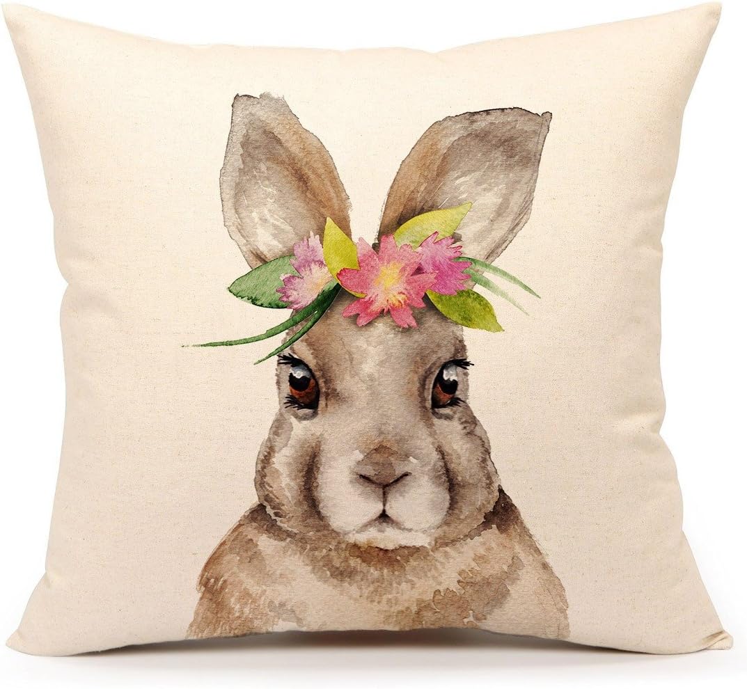 4TH Emotion Easter Bunny Pillow Cover Throw Cushion Case Spring Home Decoration Linen 18 x 18 Inch