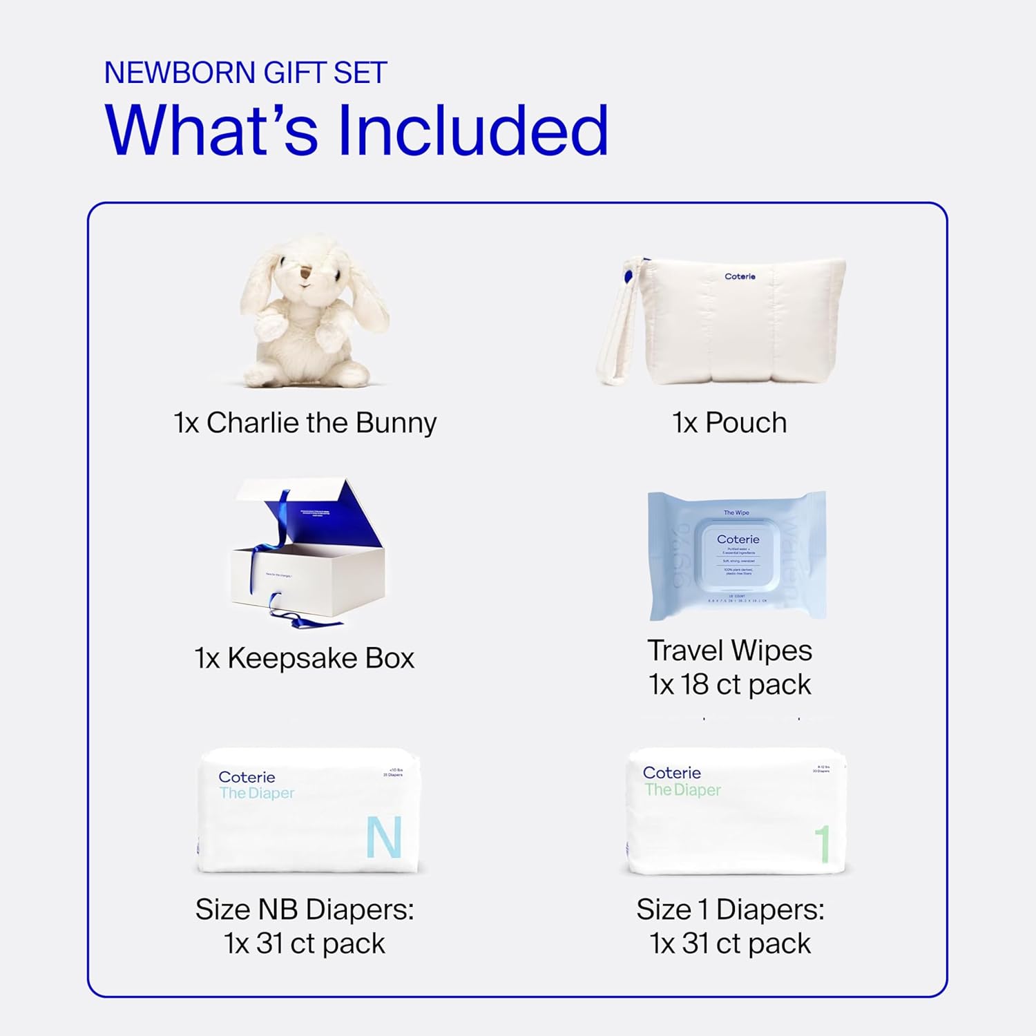 Coterie The Newborn Gift Set, Size Newborn Diapers (31 Count) & Size 1 (33 Count), 1 Travel Size Pack Baby Wipes (18 Count), Plant Based Materials, Hypoallergenic for Sensitive Skin, Baby Essentials