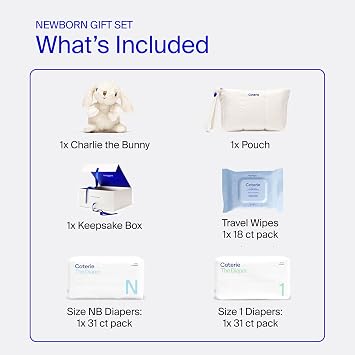 Coterie The Newborn Gift Set, Size Newborn Diapers (31 Count) & Size 1 (33 Count), 1 Travel Size Pack Baby Wipes (18 Count), Plant Based Materials, Hypoallergenic for Sensitive Skin, Baby Essentials