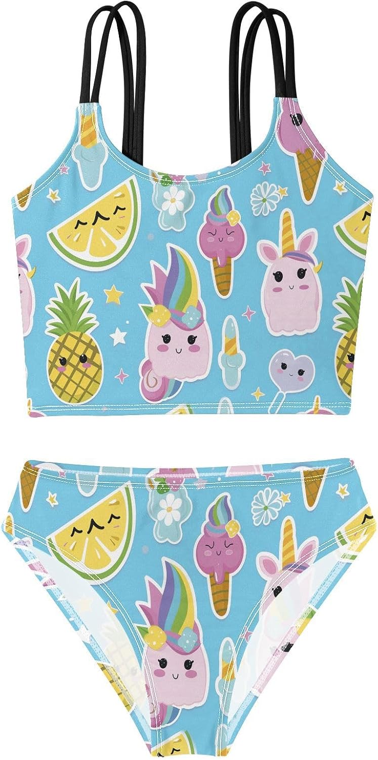 visesunny Girls Two Piece Swimsuits Blue Unicorn Lemon Girl's Bikini Sets Bathing Suits for Girls Size 5-12Y