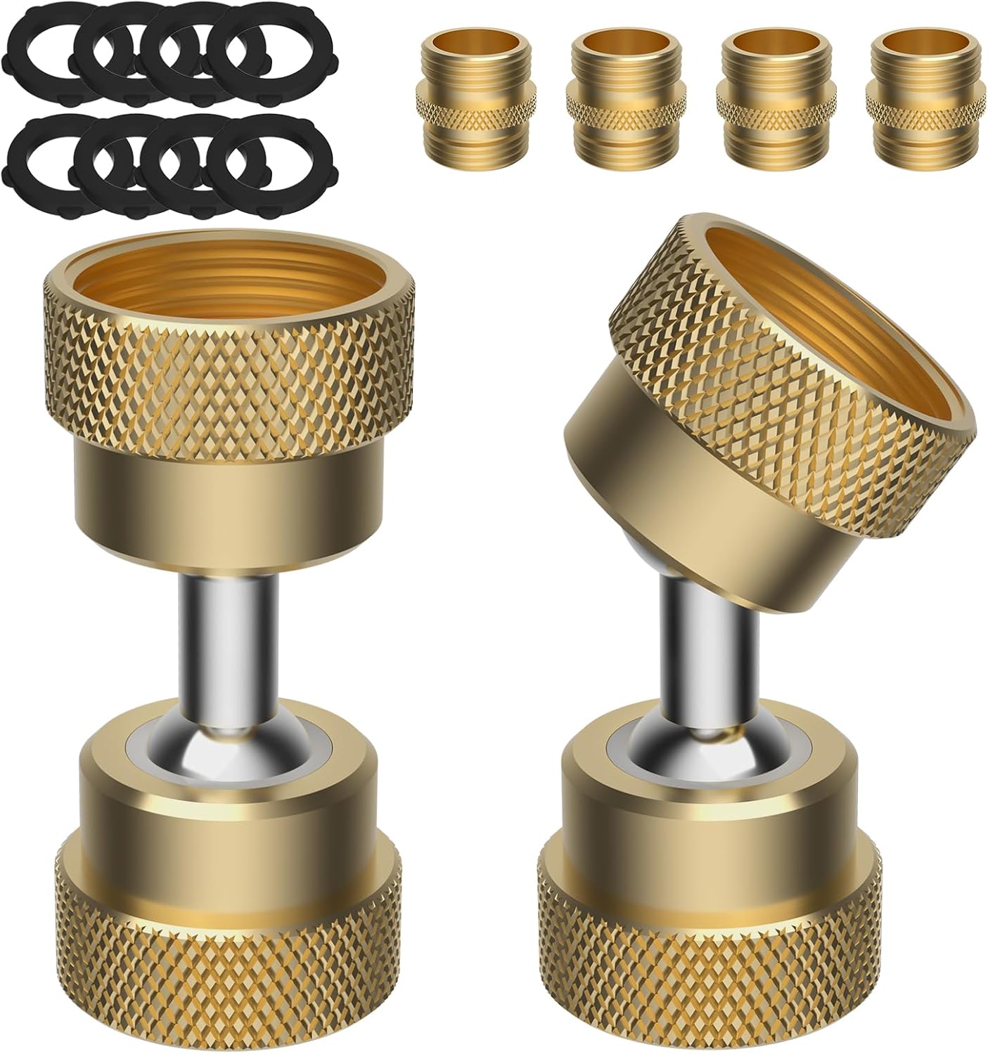 iFealClear 2 Pack Garden Hose Adapter, Swivel Brass Garden Hose Protector Connector with 4 Male Adapters, 3/4" GHT Flexible Pipe Kink Protector to Outdoor Faucet, Dual Rotation, Female to Female