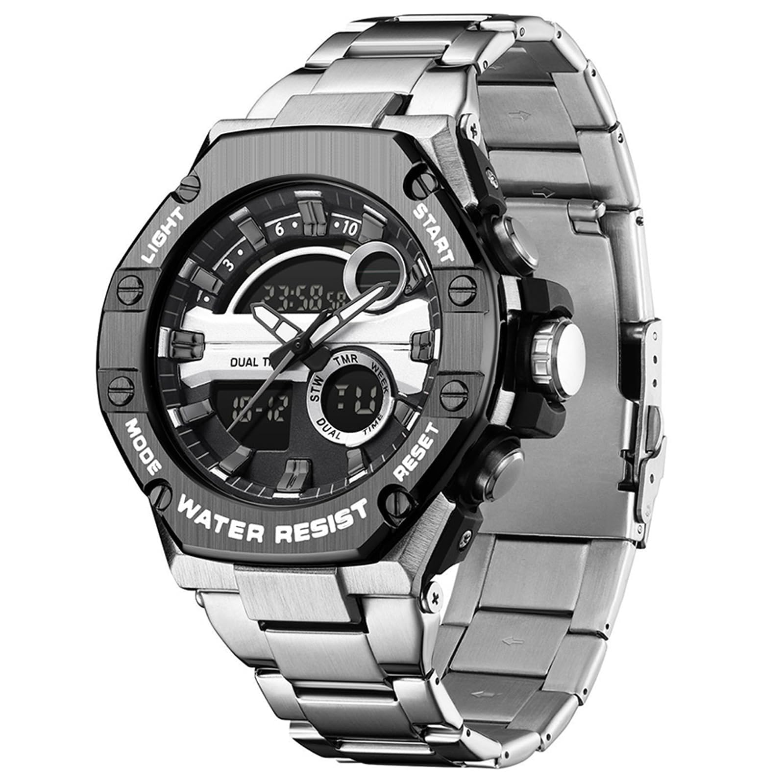 findtime Montre de sport militaire pour homme - Montre numérique étanche - Bracelet en acier inoxydable - Montre robuste avec rétroéclairage LED - Alarme et chronomètre