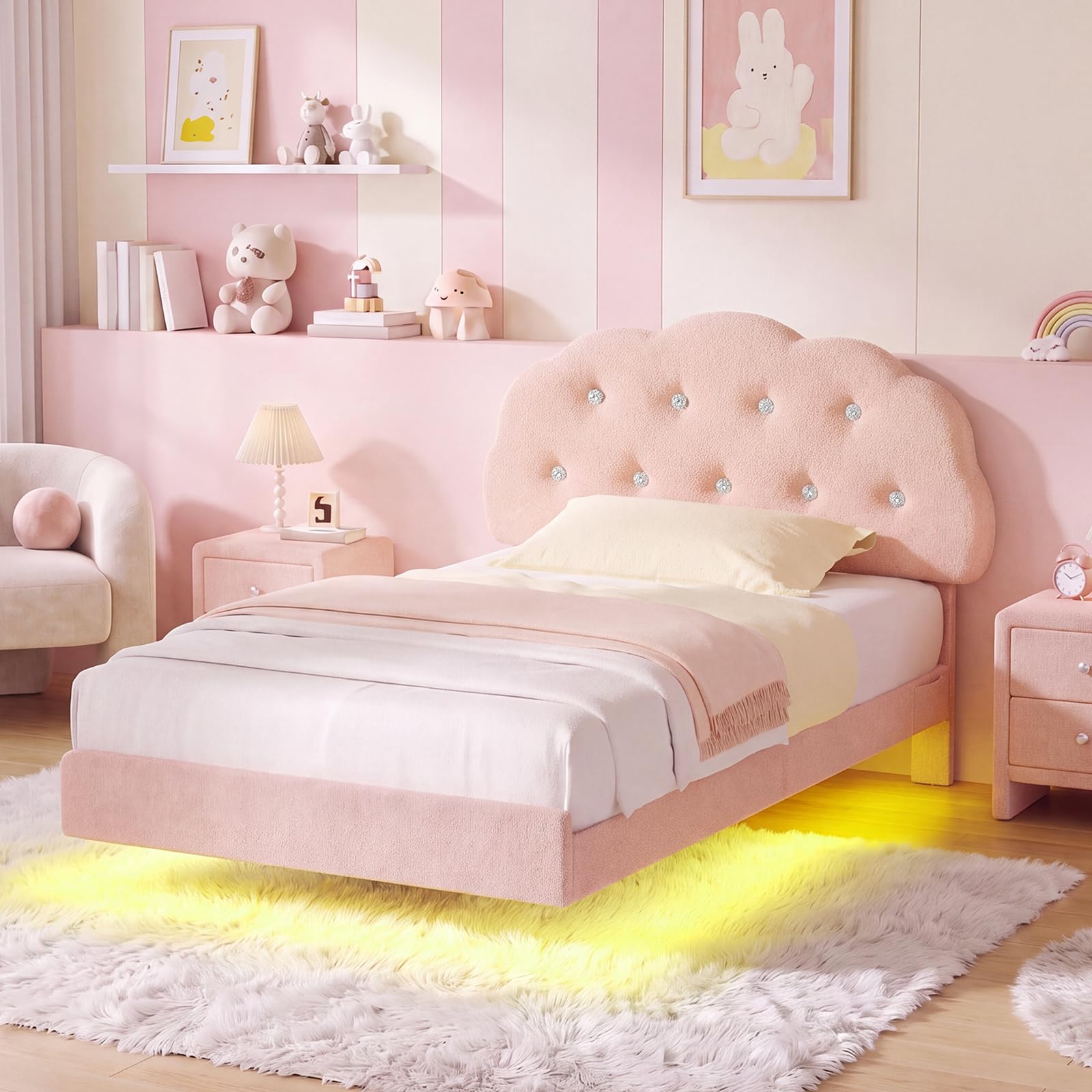Floating Bed Frame King Single Adjustable Headboard Pink LED