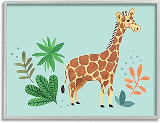 Stupell Industries Endearing Giraffe Floral Botanicals Turquoise Background ,Design by Heather Strianese