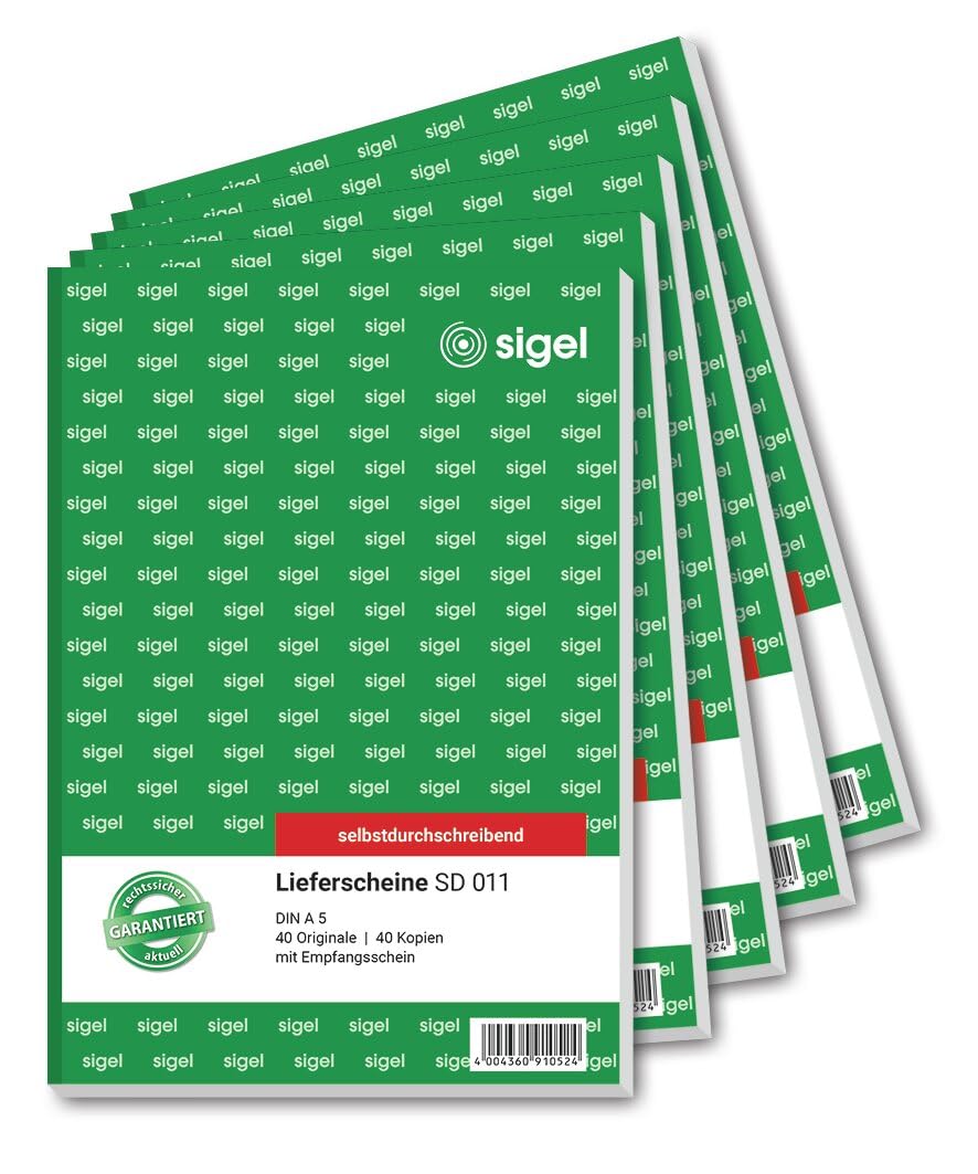 SIGEL SD011 Delivery Notes A5, 2 x 40 Sheets, Self-Copying, Pack of 5, Delivery Note Pad, with Receipt, Micro-Perforated, Made from Sustainable Paper
