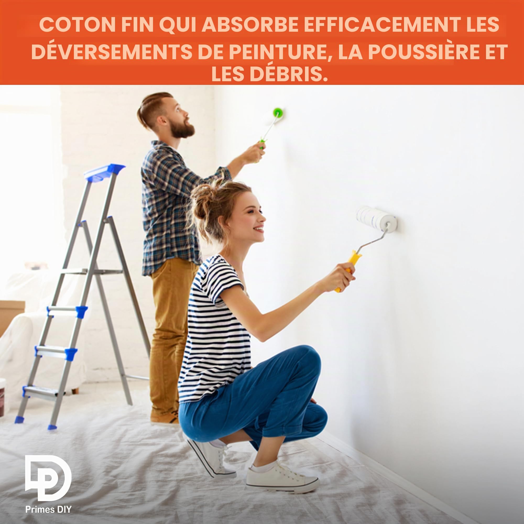 PRIMES DIY Bâche anti-poussière en coton sergé de qualité professionnelle pour peinture et décoration, durable, réutilisable, housse de meubles, toile naturelle, tissu de haute qualité, 3,7 x 2,7 m