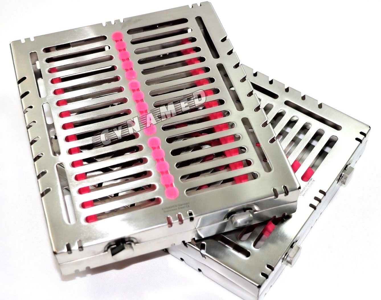 2 Heavy Duty German Dental Autoclave Sterilization Cassette Tray for 15 Instruments 8.25X7.25X1.25" Pink CYNAMED