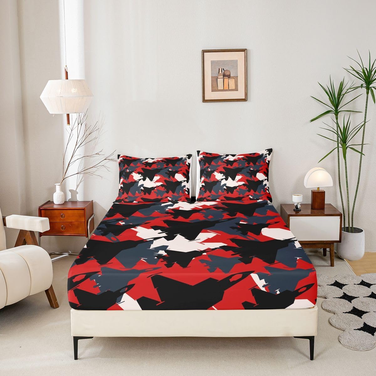 Red Black Camo Queen Bed Bedding Set - Airplane Silhouette - Deep Pocket Sheets, Fitted & Flat - Modern Geometric Abstract Camo - 4pcs