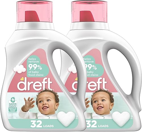 Dreft Etapa 2 jabón líquido detergente para ropa para bebés natural para recién nacidos o bebés HE 64 cargas totales paquete de 2 hipoalergénico