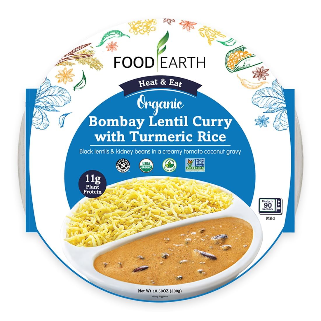 Ready to Eat Indian Meal – Bombay Lentil Curry with Turmeric Rice – Organic, Vegan, Gluten-Free, GMO-Free, Plant-Based – Microwavable – 10.58 oz Each – Pack of 6