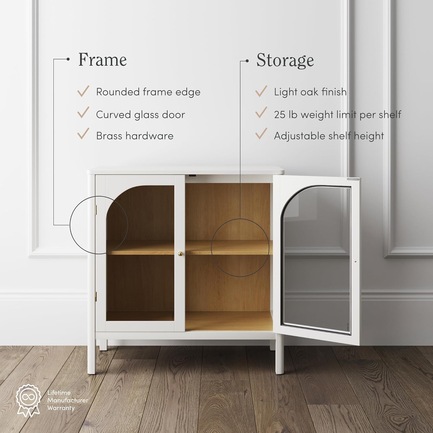 Nathan James Mason Wood Storage Cabinet Accent Sideboard Buffet Credenza TV Stand with Glass Doors and Adjustable Shelf for Dining Room, Entryway or Living Room, Clear Glass/White/Light Oak, Set of 3