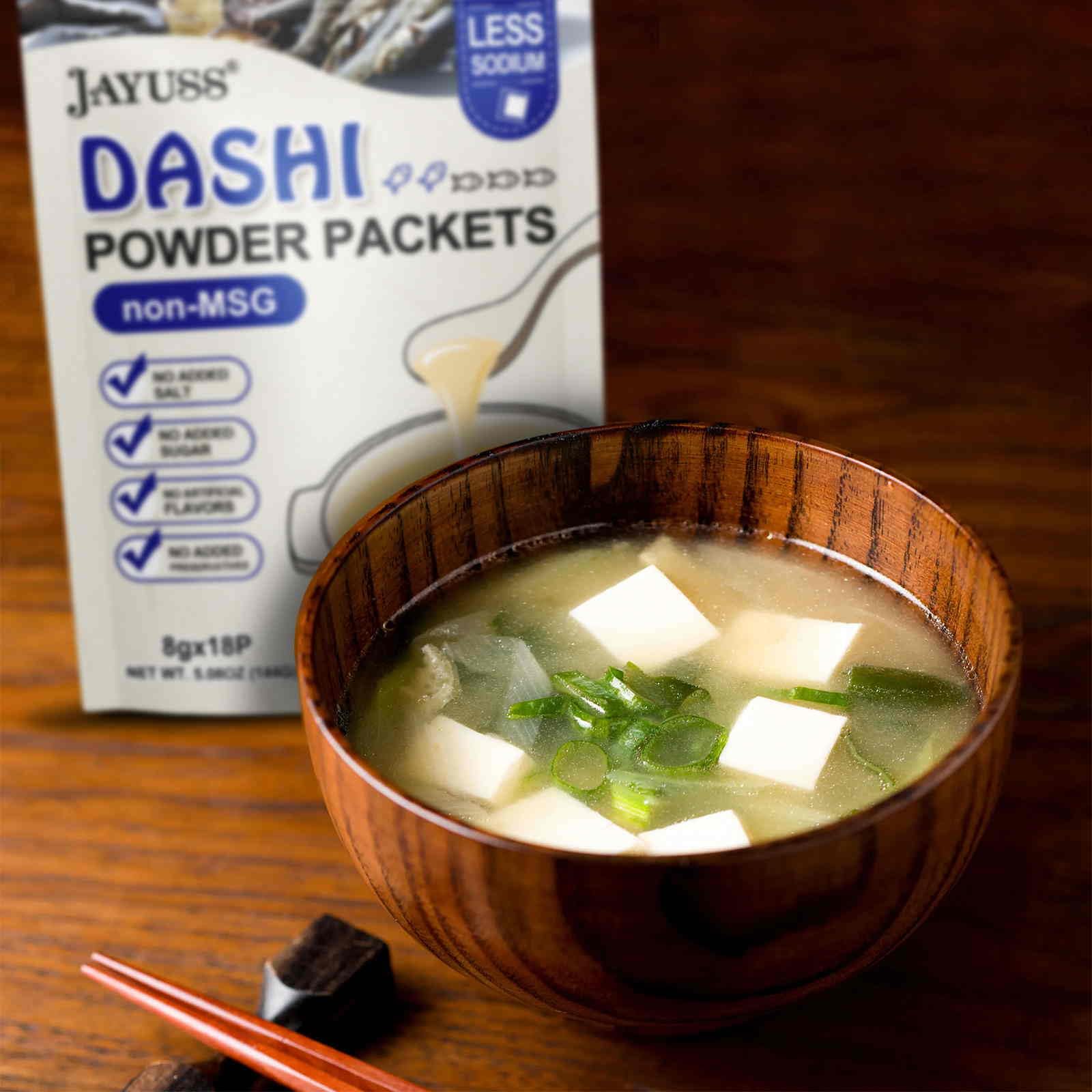 JAYUSS Japanese Dashi Packet, Traditional Dashi Soup Stock 8g×18pacs, No MSG, No Additives 5 Natural Ingredients Perfect Base for Soups, Stews, Stir-fries 5.08 Oz