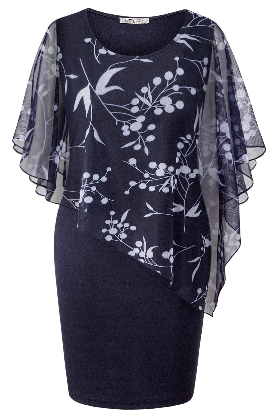 SeSe Code Women's Mesh Cape Overlay Bodycon Knee Length Pencil Dress for Wedding Guest