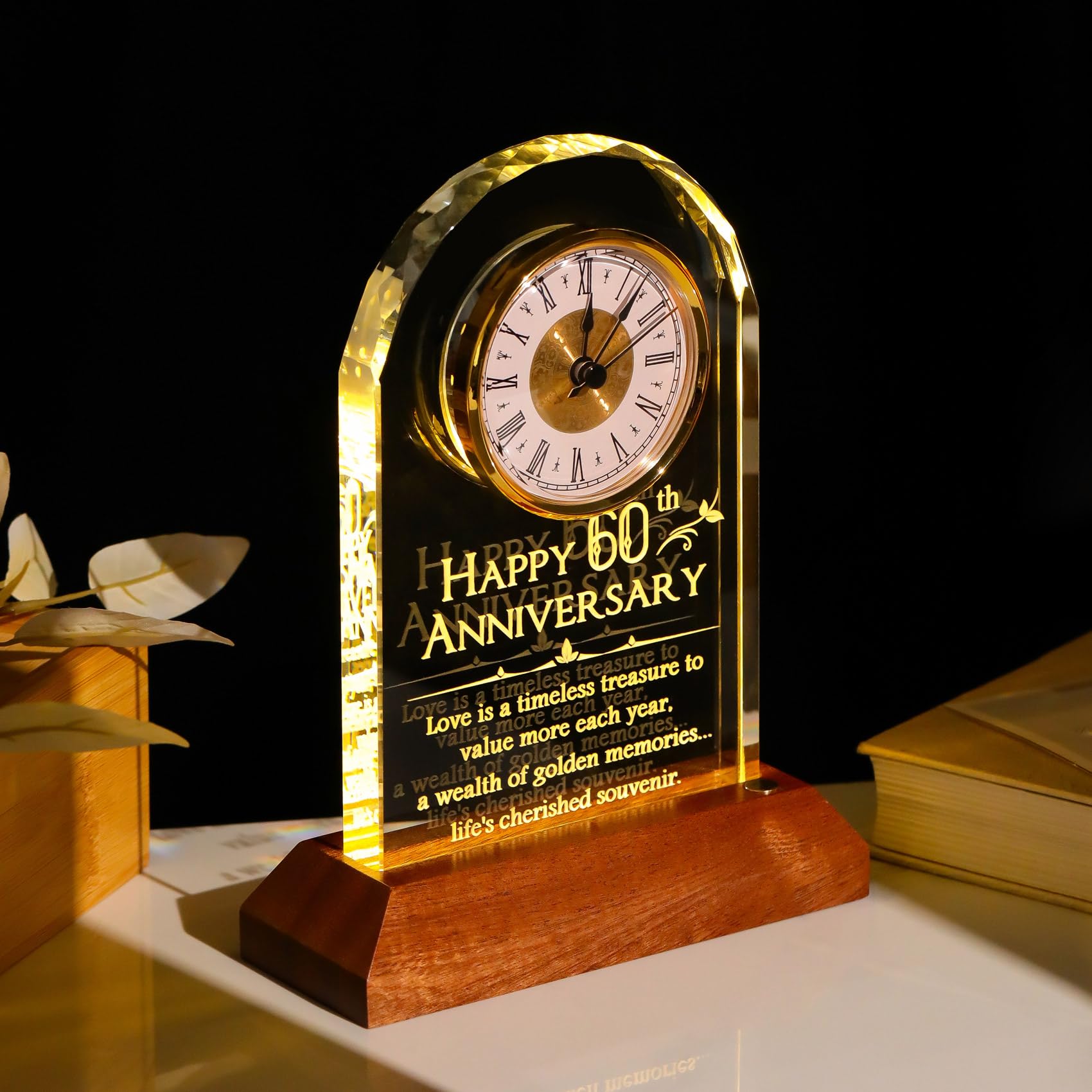 YWHL 60th Wedding Anniversary Clock Gifts for Parents Grandparents, 60 Years Anniversary Couple Gift, Table Clock Glass Presents with Wooden Light Base for Home Decoration (Battery not Included)