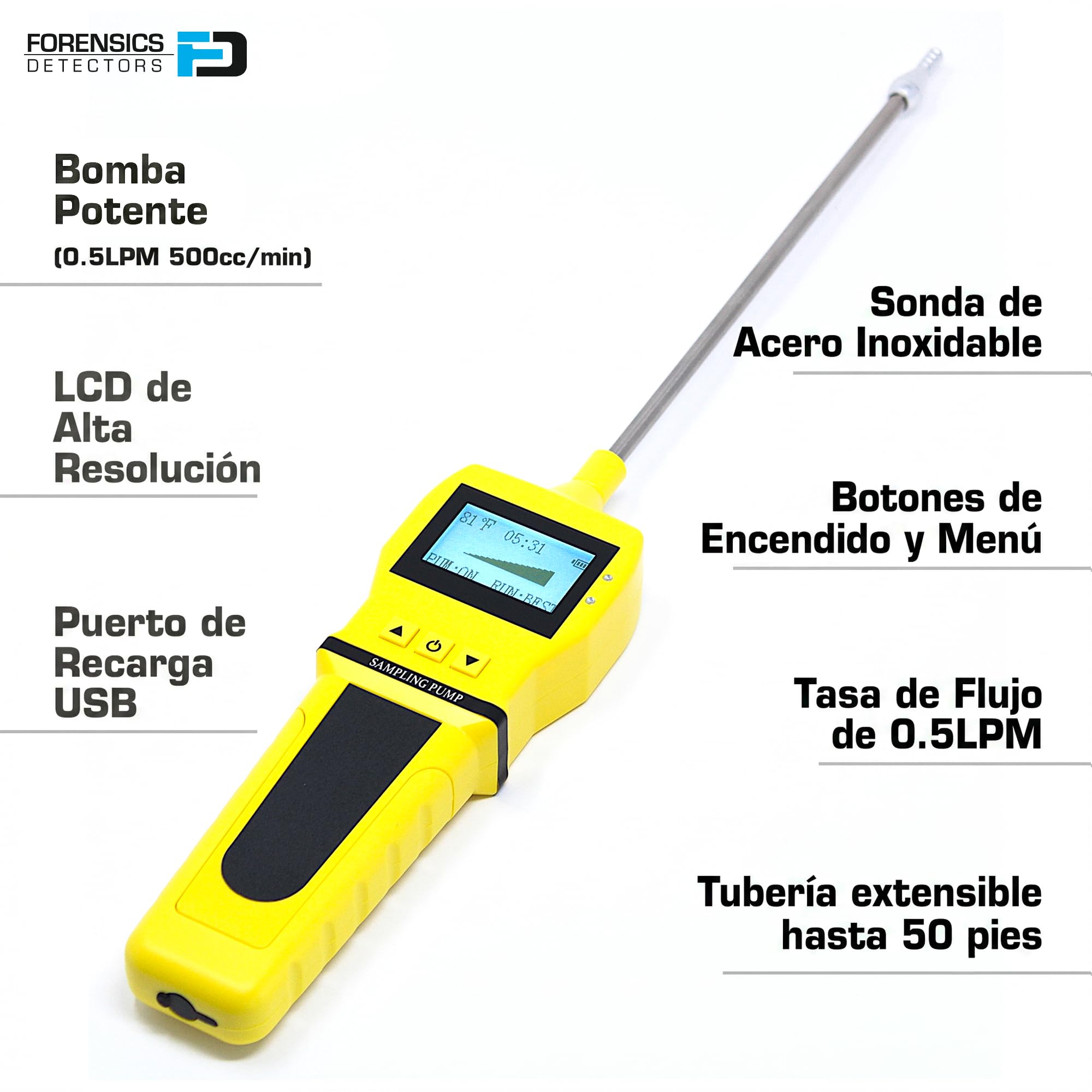 Bomba de Muestreo de Gas Forensics | Sonda de Acero Inoxidable | Caudal 0,5 LPM | ABS Reforzado | Recarga USB