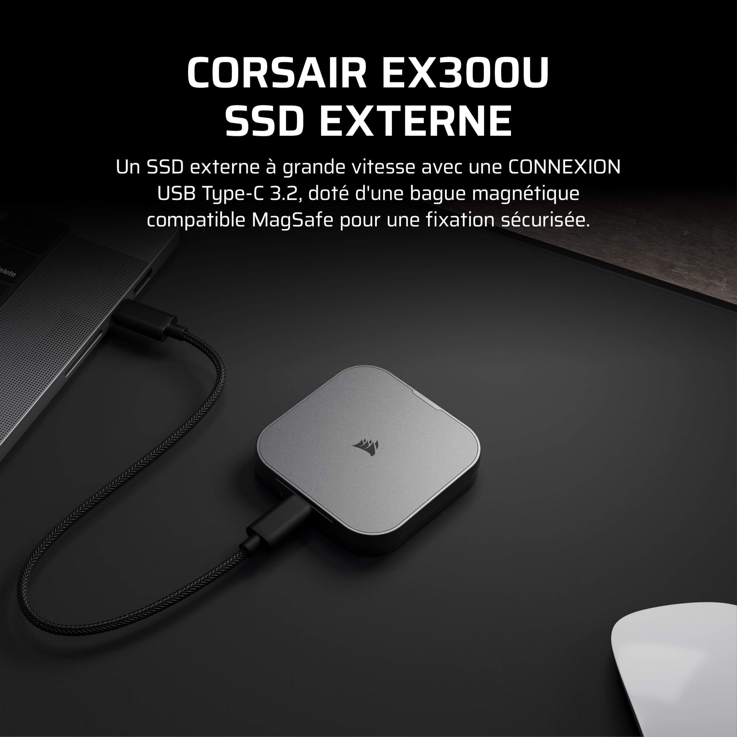 Corsair EX300U 1To SSD Externe Portable USB-C – Jusqu'à 1 100 Mo/s, USB 3.2 Gen 2, Plug-and-Play, Fixation magnétique Compatible MagSafe, 90 Degrés Câble USB-C Inclus – iOS, Android, PC et Mac — Gris