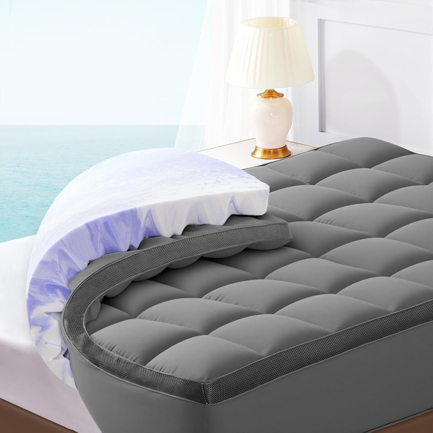 Dual Layer 4 Inch Memory Foam Mattress Topper Queen - 2 Inch Gel Memory Foam and 2 Inch Pillow Top Mattress Pad, 7-Zone Egg Crate Mattress Topper