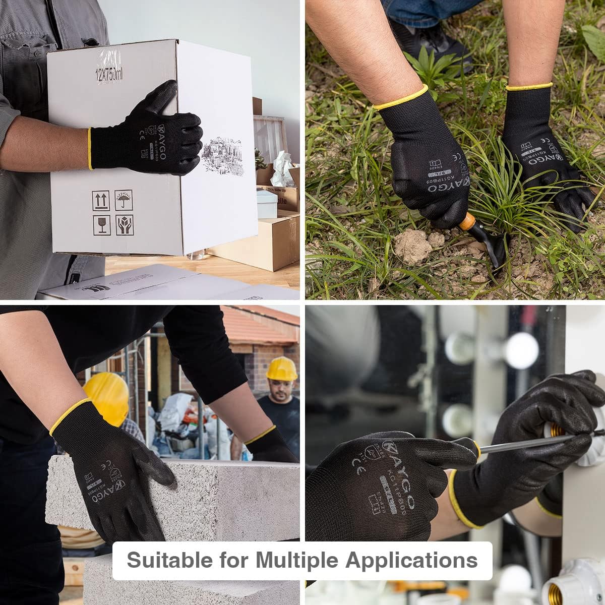 KAYGO Work Gloves PU Coated-12 works, KG11PB, Black Safety Working Gloves with Secure Grip on Palm & Fingers - Image 5
