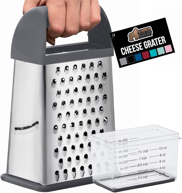 GORILLA GRIP® XL 4-Sided Stainless Steel Cheese Grater With Measurement Container, BPA-Free Box Grater, Slip Resistant Base, Grate Hard Parmesan, Shred Veggies, Zest Citrus, Dishwasher Safe, Gray