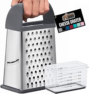 GORILLA GRIP 4-Sided 100% BPA-Free Cheese Grater With Container, Stainless Steel XL Box Graters, Parmesan Shredder, Grate Cheeses, Shred Veggies, Slip Resistant Handle, Dishwasher Safe Zester, Gray