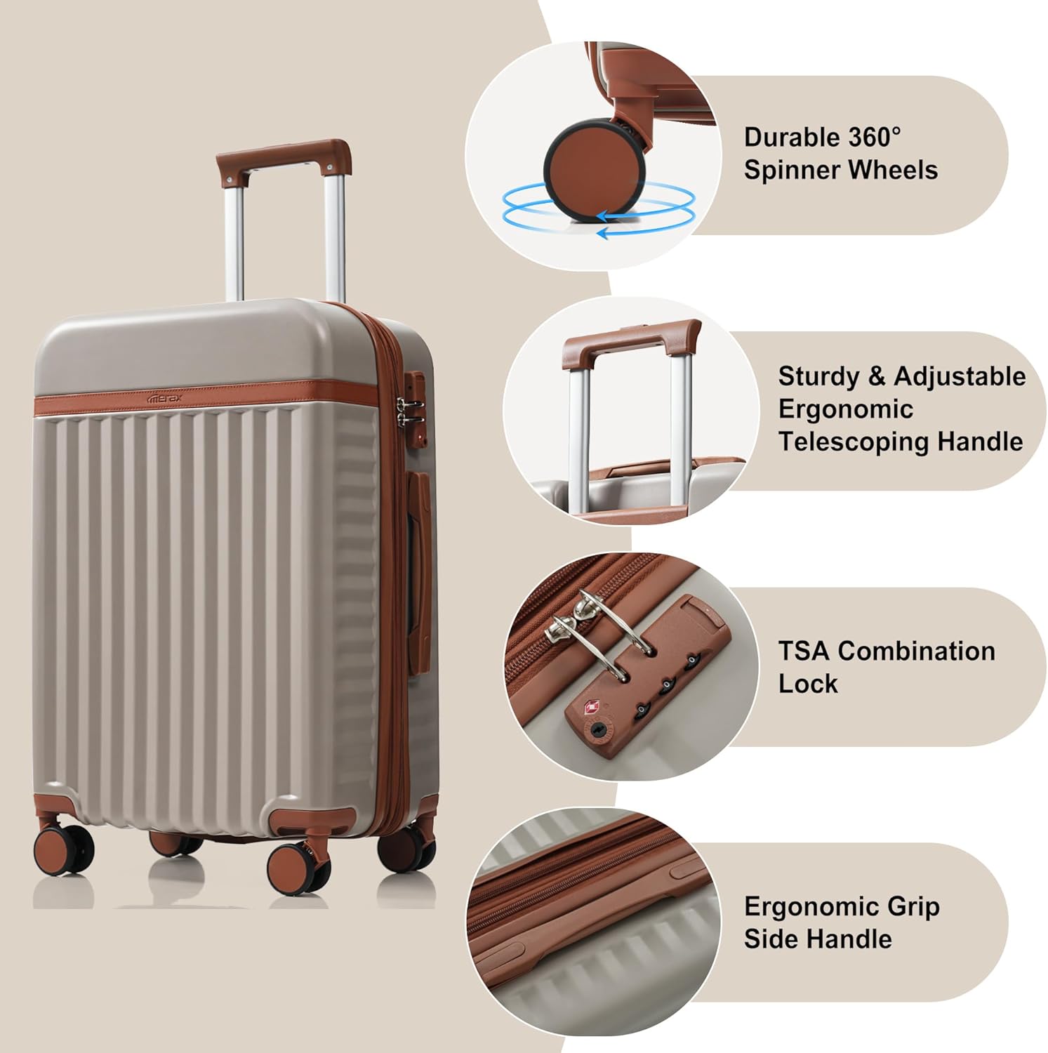 Hardshell Luggage, Lightweight Suitcase with Spinner Wheels, KHAKI+USB