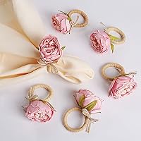 FEKIDO Handmade Pink Peony Flower Napkin Rings Set of 6 - Elegant Wood & Plastic Holders for Weddings, Summer Tables & Holidays