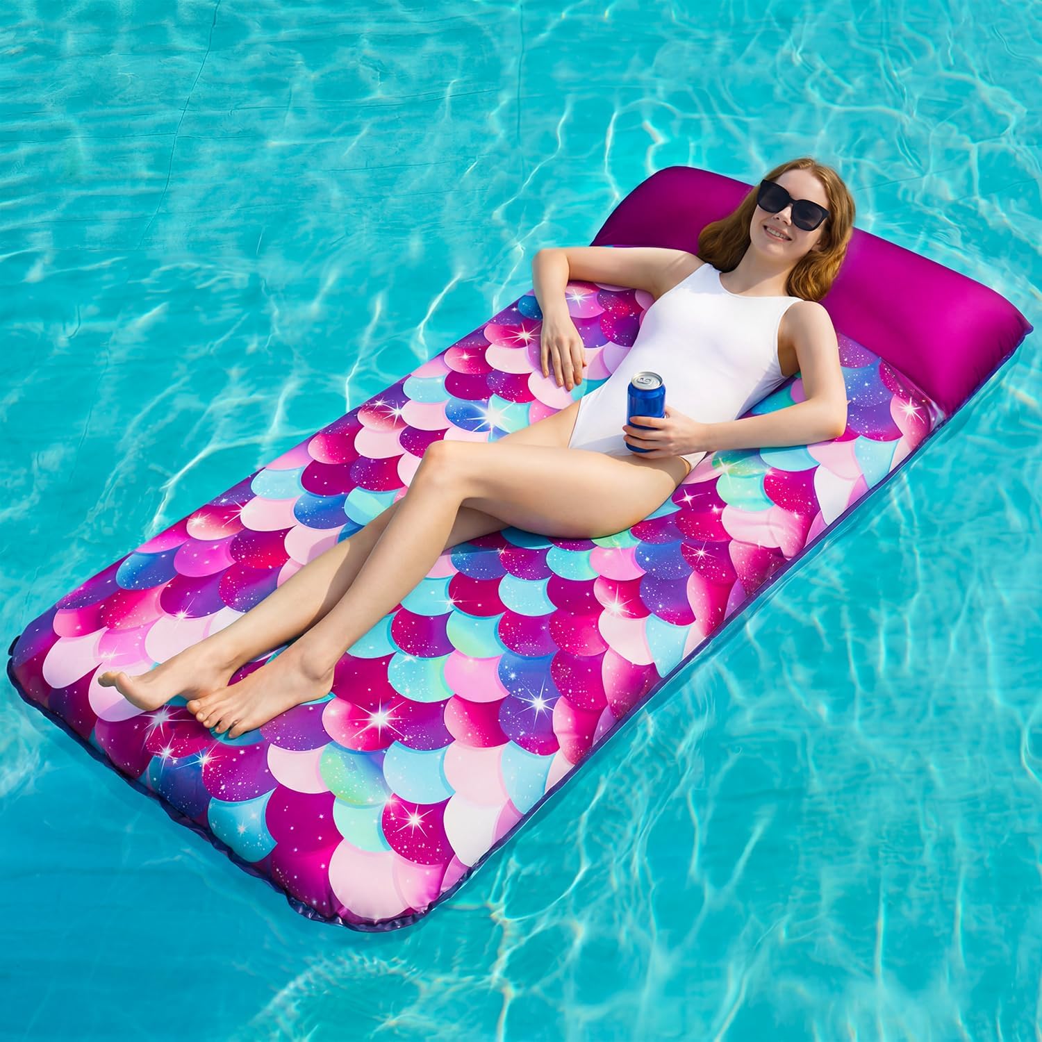 PARENTSWELL Inflatable Mermaid Scales Pool Floats, 72" X-Large Fabric Covered Pool Float with Headrest, Pool Lounge Floaties for Adults, Summer Pool Party Decorations Supplies
